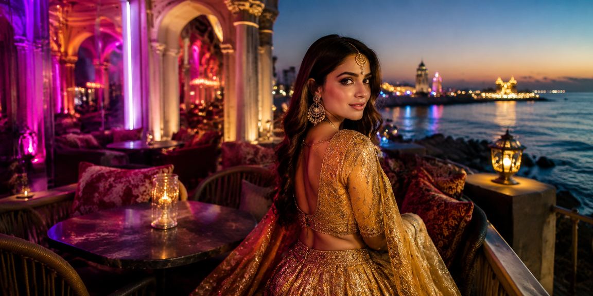 Indian female player excited watching casino game on laptop with colorful lehenga attire
