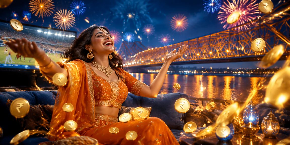 Crowd at Howrah Bridge Kolkata with rupee notes and cricket betting excitement